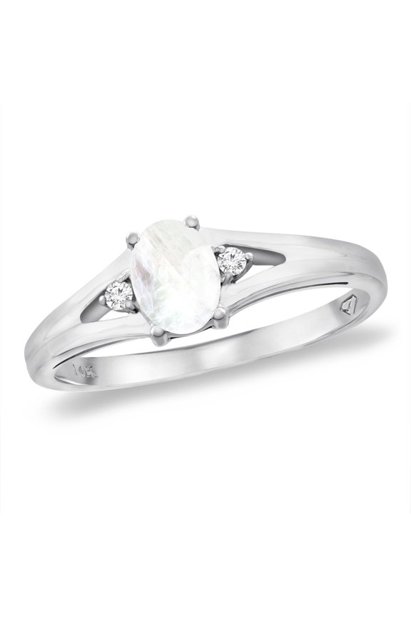 14K White Gold Diamond Natural Rainbow Moonstone Engagement Ring Oval 6x4 mm, size 10