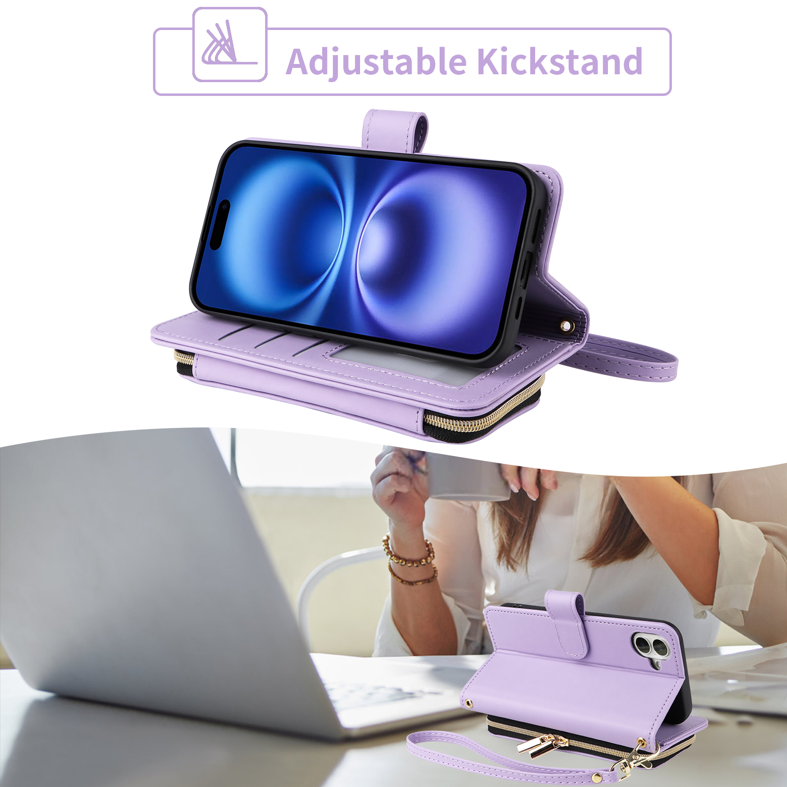 Furiet Argyle Wallet Case for iPhone 17 6.3 inch with Wrist/Shoulder Strap, Card Slots Zipper Purse Luxury PU Leather Stand Checkered Cell Phone Cover for i Phone17 i17 17Case Women Girls Purple
