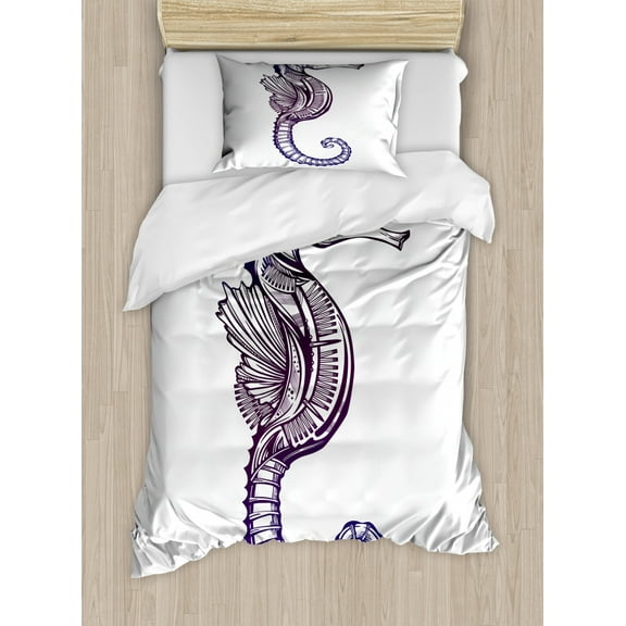 Marine Twin Size Duvet Cover Set, Boho Seahorse Ocean Animal Aquatic Creature Exotic Nautical Tattoo Art, Decorative 2 Piece Bedding Set with 1 Pillow Sham, Dark Purple Pale Mauve, by Ambesonne