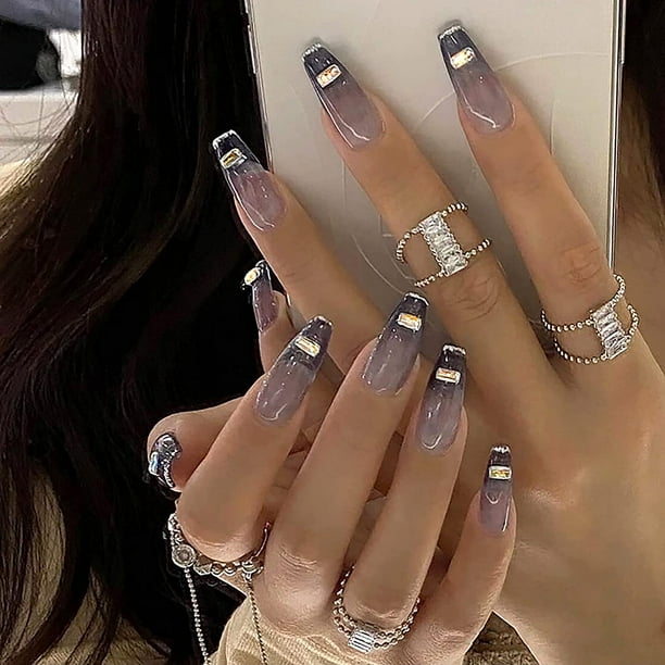 Apuakthei 24 piezas de uñas postizas extra largas con diseños, elegantes uñas postizas de ataúd con pegamento, uñas postizas brillantes de bailarina, uñas acrílicas con punta francesa, uñas con
