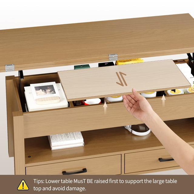 Table Basse Moderne à Plateau Relevable - Table Convertible Multifonctionnelle avec Tiroirs et Compartiment de Rangement Caché, Réglable en Hauteur de Salle à Manger, Idéale pour le Salon, Couleur Bois (Variante)