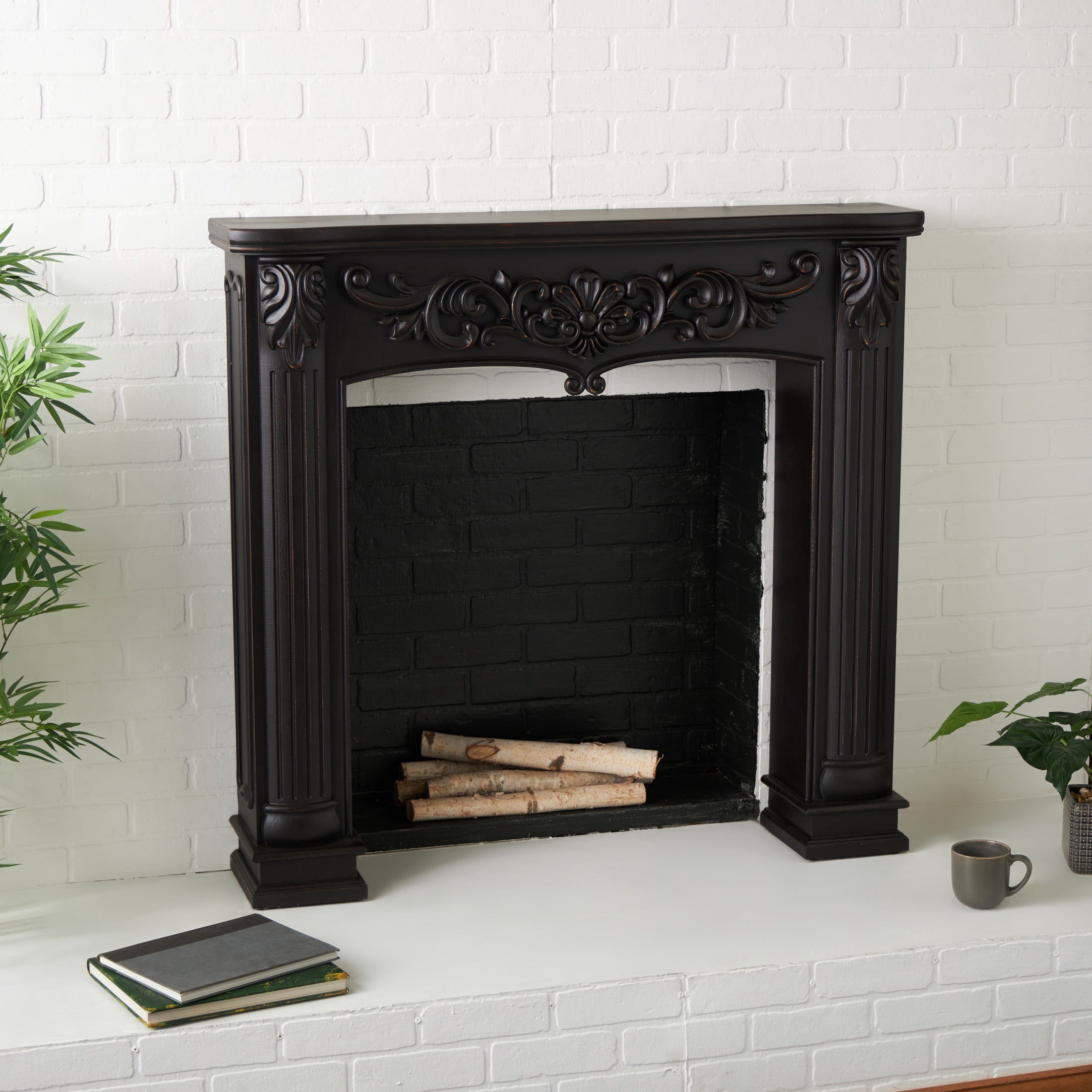 DecMode 45" x 43" Wooden Black Freestanding Scroll Surround Fireplace Mantle with Floral Accents
