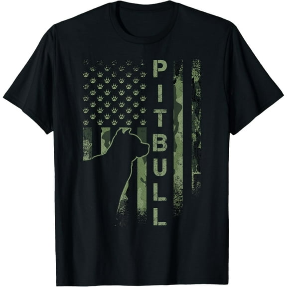 Vintage USA American Camo Flag Pitbull Dog Silhouette Pittie T-Shirt men and women can wear, black, white, gifts