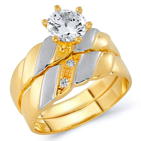 Wellingsale Ladies Solid 14k Two 2 Tone White and Yellow Gold Polished CZ Cubic Zirconia Round Cut Engagement Ring and Wedding Band Bridal Set - Size 4