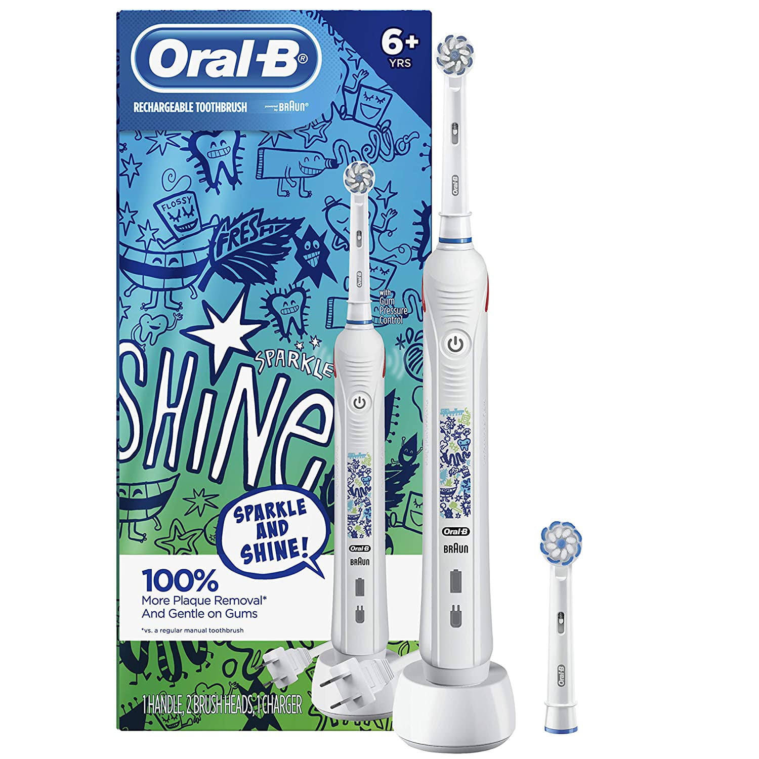over het algemeen Afleiding lezer Oral-B Kids Electric Toothbrush with Coaching Pressure Sensor and Timer,  Rechargeable Toothbrush with (2) Brush Heads, Sparkle & Shine - Walmart.com