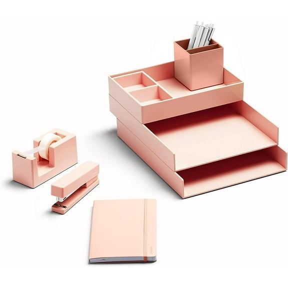 Poppin Dream Desk Set - Blush, Letter Trays, Accessory Tray, This That Tray, Pen Cup, 6 Gel Pens, Soft Cover Notebook, Stapler and Tape Dispenser, Complete Office Organizer Set