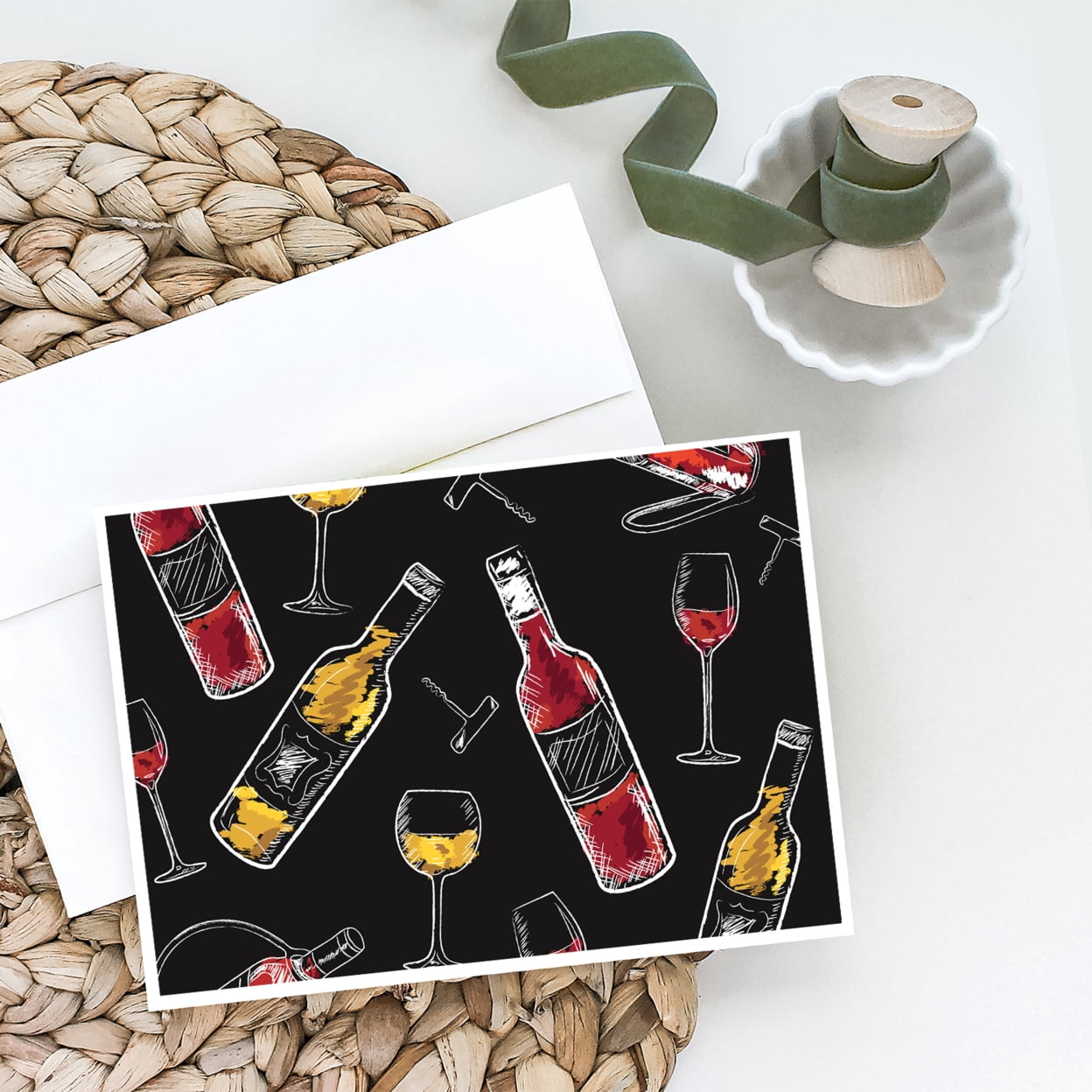 Red and White Wine on Black Greeting Cards and Envelopes Pack of 8
