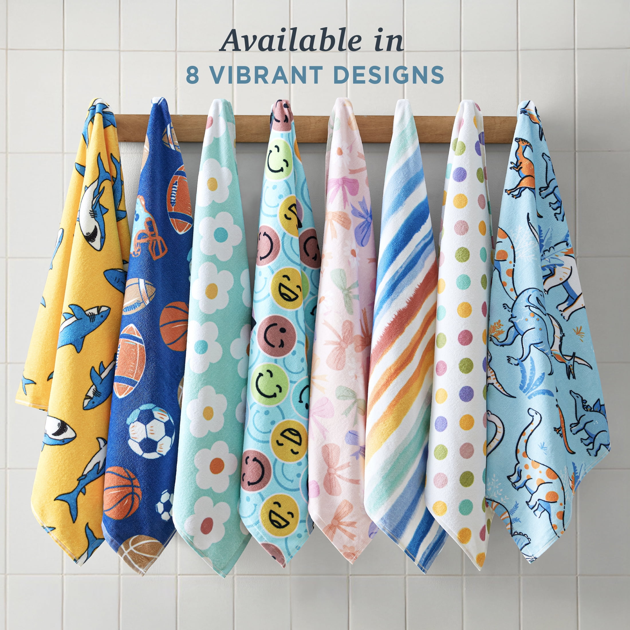 Welhome Kids Towel Set, 2 Piece 100% Cotton Pool Party Towels, 380 GSM, Absorbent Bath Towels For Everyday Use, Sharks Printed Bathroom Towels