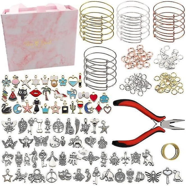Kit de fabricación de pulseras de brazaletes de 300 piezas, kit de fabricación de pulseras con brazaletes expandibles, dijes (con caja de regalo y herramientas)
