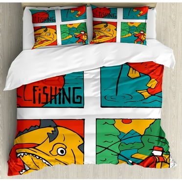 Gone Fishing Duvet Cover Set King Size, Colorful Caricature Cartoon Fish and Fisherman with Rot Nature Themed Print, 3 Piece Bedding Set with 2 Pillow Shams, Multicolor, by Ambesonne