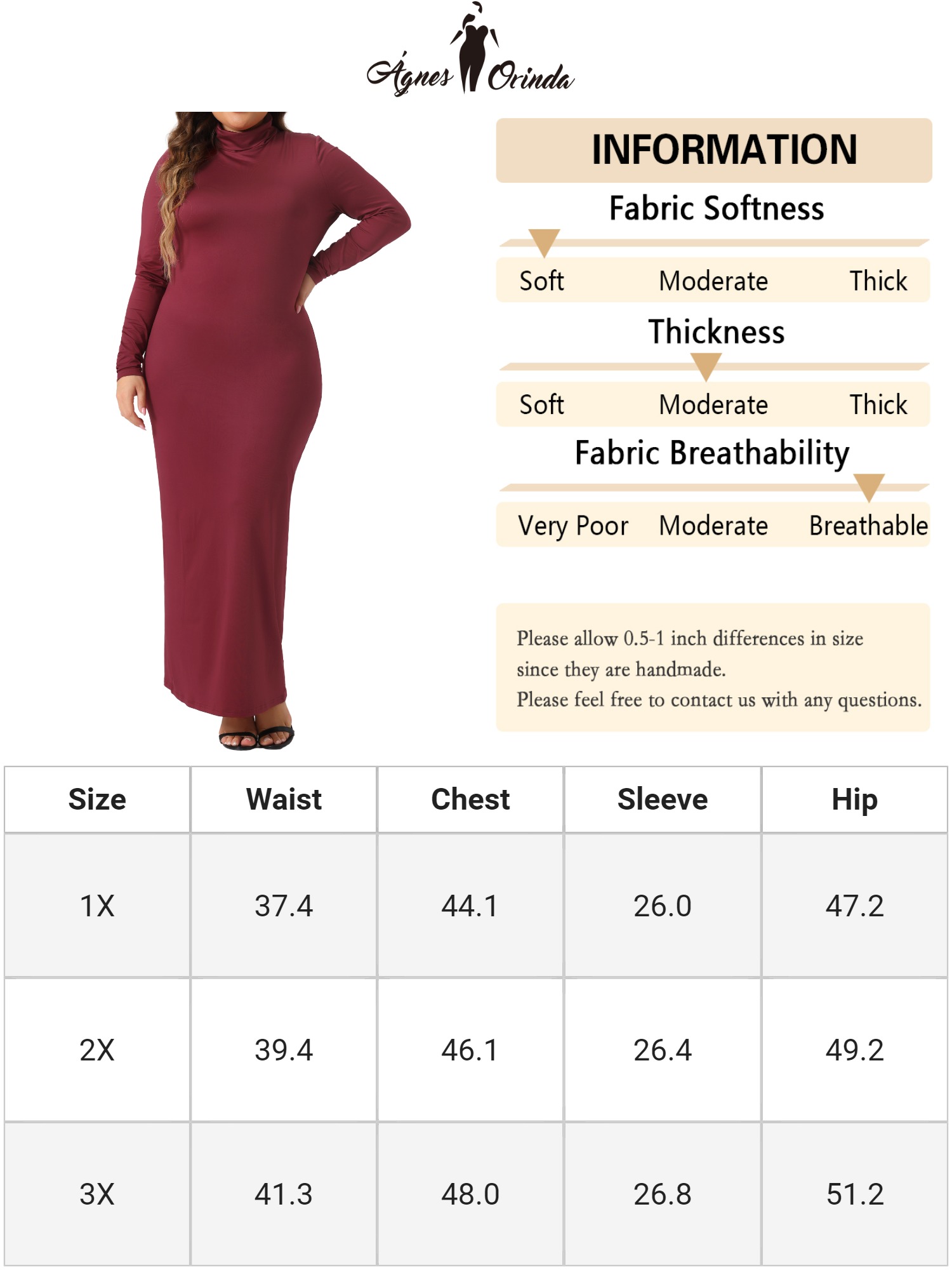 DARING DIVA Plus Size Women's Turtleneck Long Sleeve Bodycon Dress 2X Burgundy
