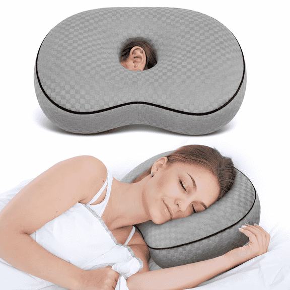 Pozico Standard Ear Piercing Pillow for Side Sleepers, Ear Hole Pressure Relief Support Cushion with Soft Velvet Washable Cover, 4 in, gray