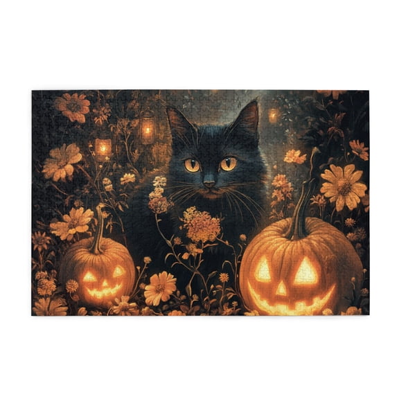1000 PCS Funny Black Cat Pumpkin Lantern Wooden Puzzles For Adults 1000 Pieces,Unique Artwork For Adults,Challenging Brain Exercise,Classic Black Cat Animal Art Holiday Decor Puzzle Game,Fun Puzzle