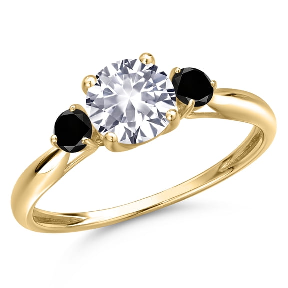 Gem Stone King 10K Yellow Gold White Created Sapphire and Black Diamond 3-Stone Ring for Women | 1.20 Cttw | Round 6MM | Gemstone September Birthstone | Size 9