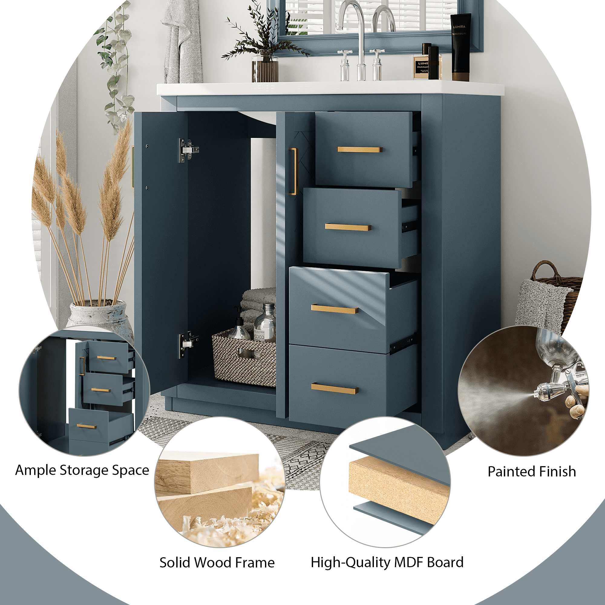 30 Inch Bathroom Vanity with Ceramic Sink Solid Wood Storage Cabinet 3 Drawers Soft Closing Doors Blue