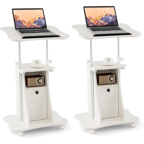 QRKD Mobile Laptop Podium, Height Adjustable Sit to Stand Desk with Tilting Desktop & Storage Cabinet, Ergonomic Rolling Lectern Cart Laptop Desk, Office Podium Stand on Wheels（White 2 Pack）