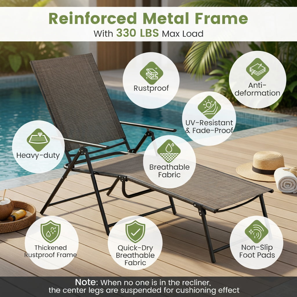 Hommoo 2-Pack Foldable Patio Chaise Lounge Chairs with 6-Position Reclining Backrest, Outdoor Loungers for Poolside, Backyard & Balcony, Gray