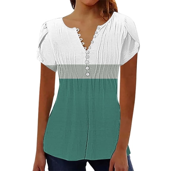 Delayuji Women's Casual Pleated Round Neck Cardigan Short Sleeve Loose T Shirt Shirt Summer Top Green L Polyester,Spandex Short Sleeve Shirts for Women