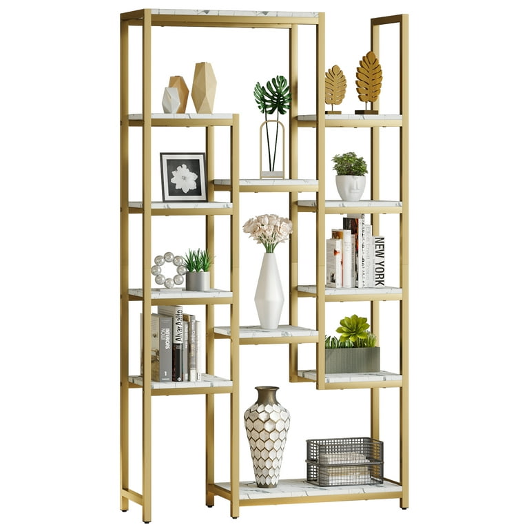 Dextrus 6 Tier Gold Bookshelf, 71 Tall Modern Free Standing Bookshelf with 12 Shelf Bookcase, Faux Marble Open Display Storage Book Shelves for Living