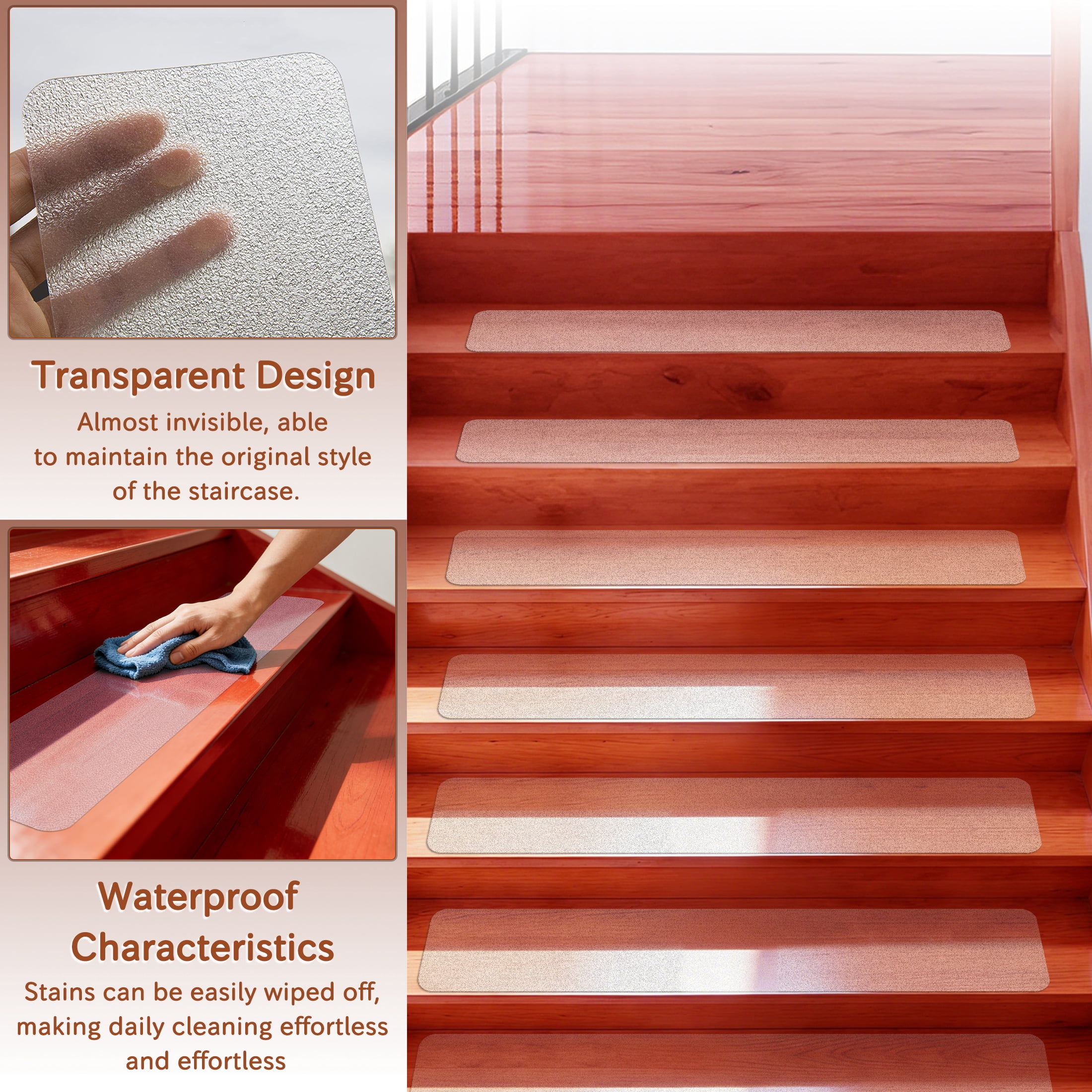 YDmeet 4"x30" Heavy Duty Waterproof Stair Treads, 12-pack Transparent Non-Slip Grip Tape, Peel and Stick for Indoor Wooden Steps