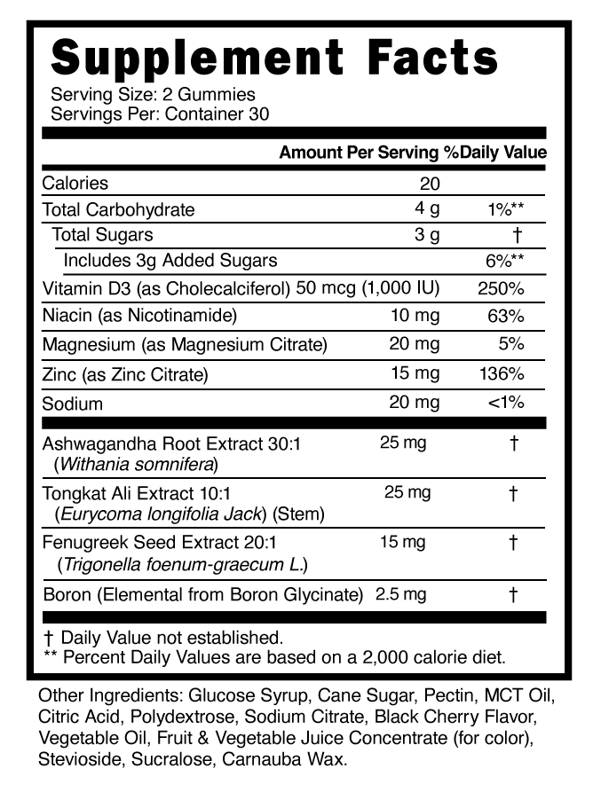 8 in 1 Testosterone Booster for Men with Tongkat Ali, Fenugreek, Ashwagandha and Magnesium - Improve Libido & Hormonal Balance, Non GMO Made in the USA, Black Cherry, 120 Count Gummies for Men