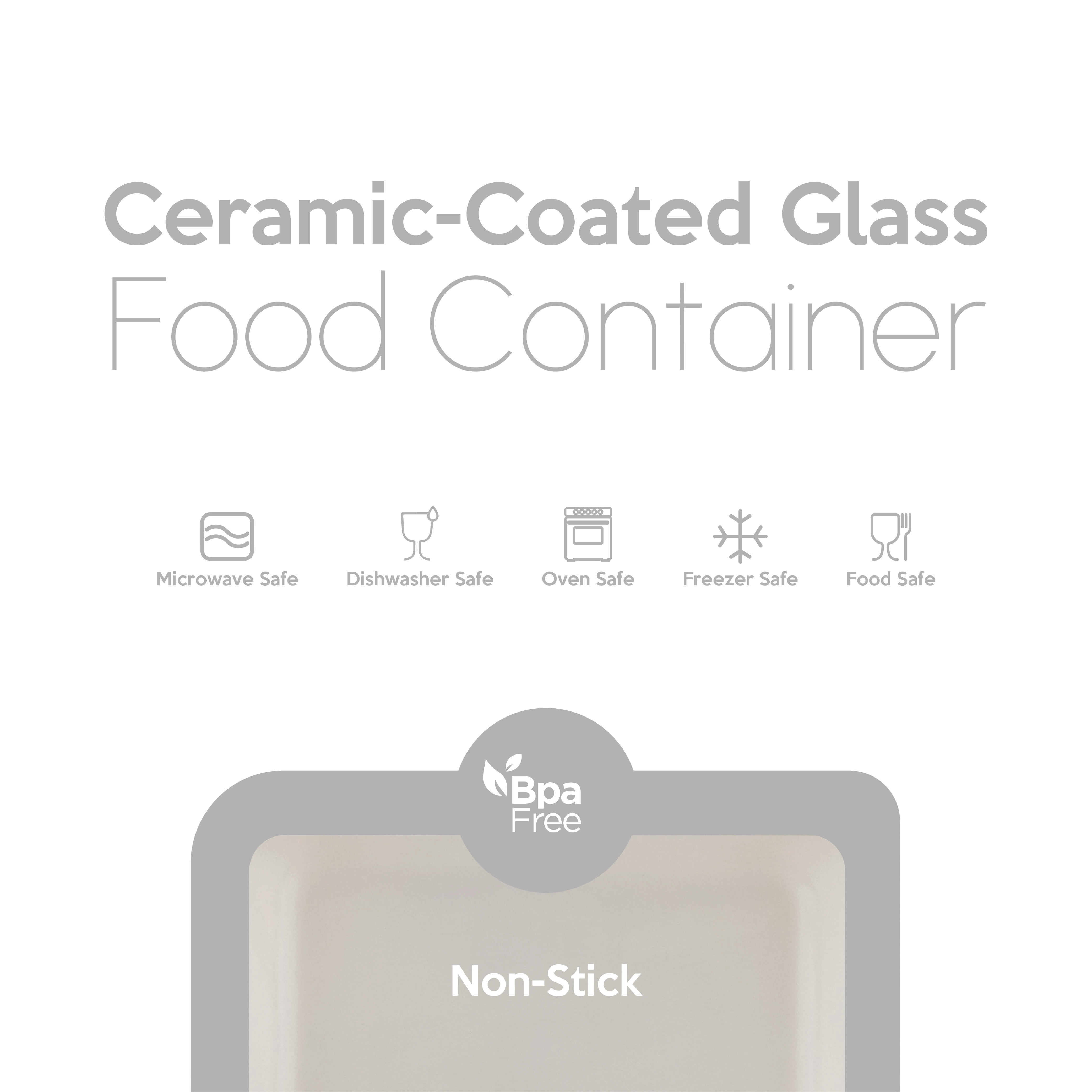 JUST COOK Rectangular Ceramic-Coated Glass Food Storage Container with Lid, 47.3 oz, Light Gray