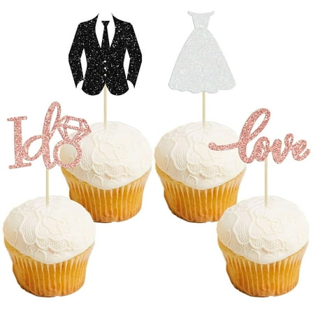 12pcs Wedding Cupcake Toppers Glitter Groom and Bride Love I Do Cupcake Picks for Bridal Shower Wedding Engagement Party Cake Decorations Supplies