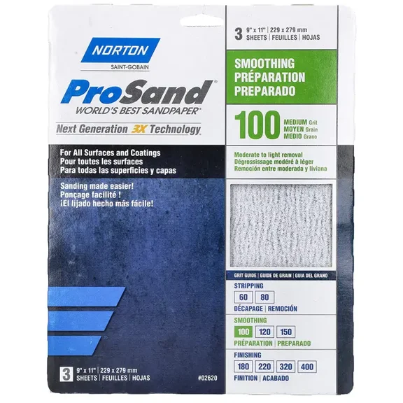 Norton Abrasives Sandpaper Sheet,Fine,100 Grit,PK3 07660768162