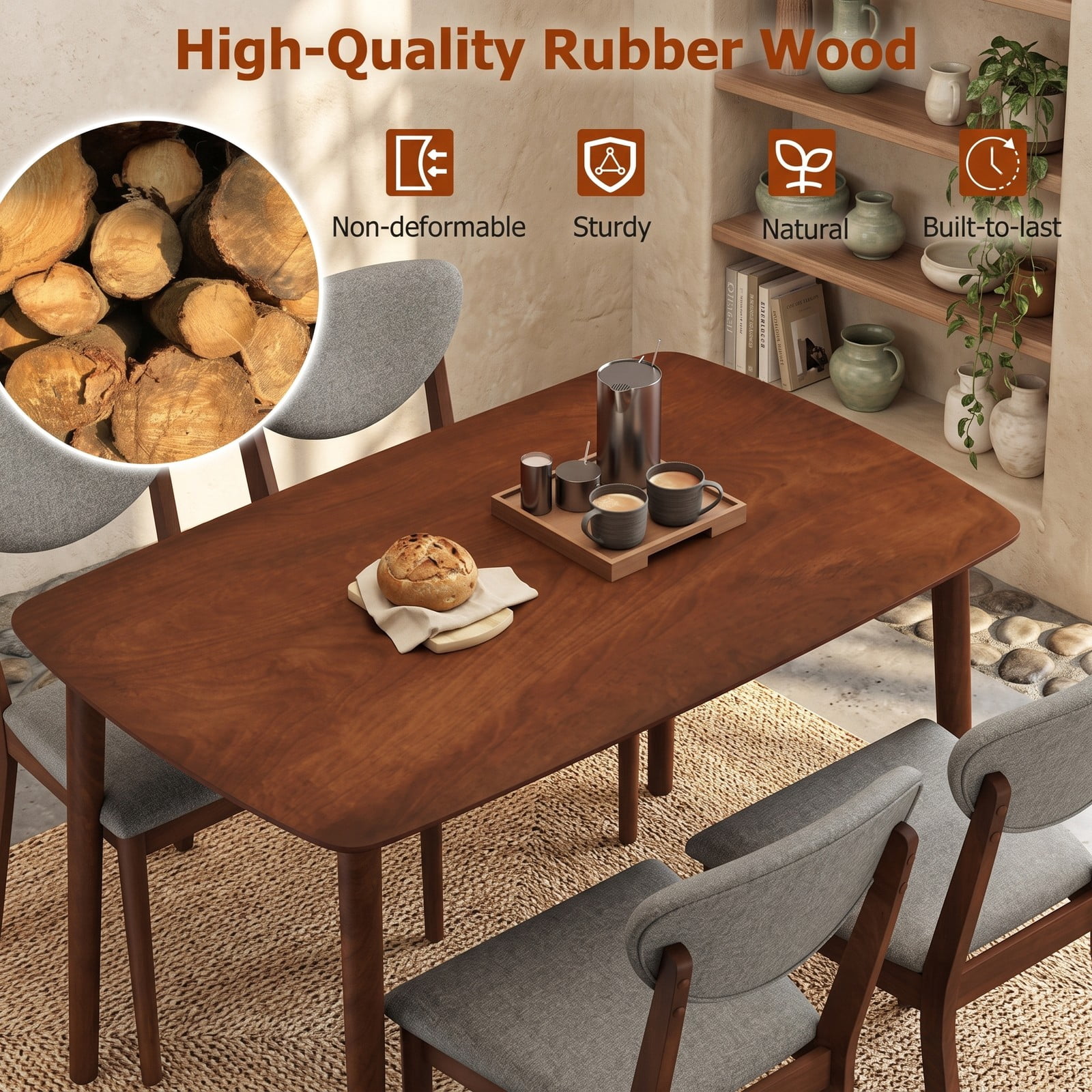 Furnibear Rectangular Dining Table for Kitchen Breakfast Nook, Rubber Wood Kitchen Table Seats 4, Space-Saving Rectangle Dinner Table for Living Room Home, Coffee