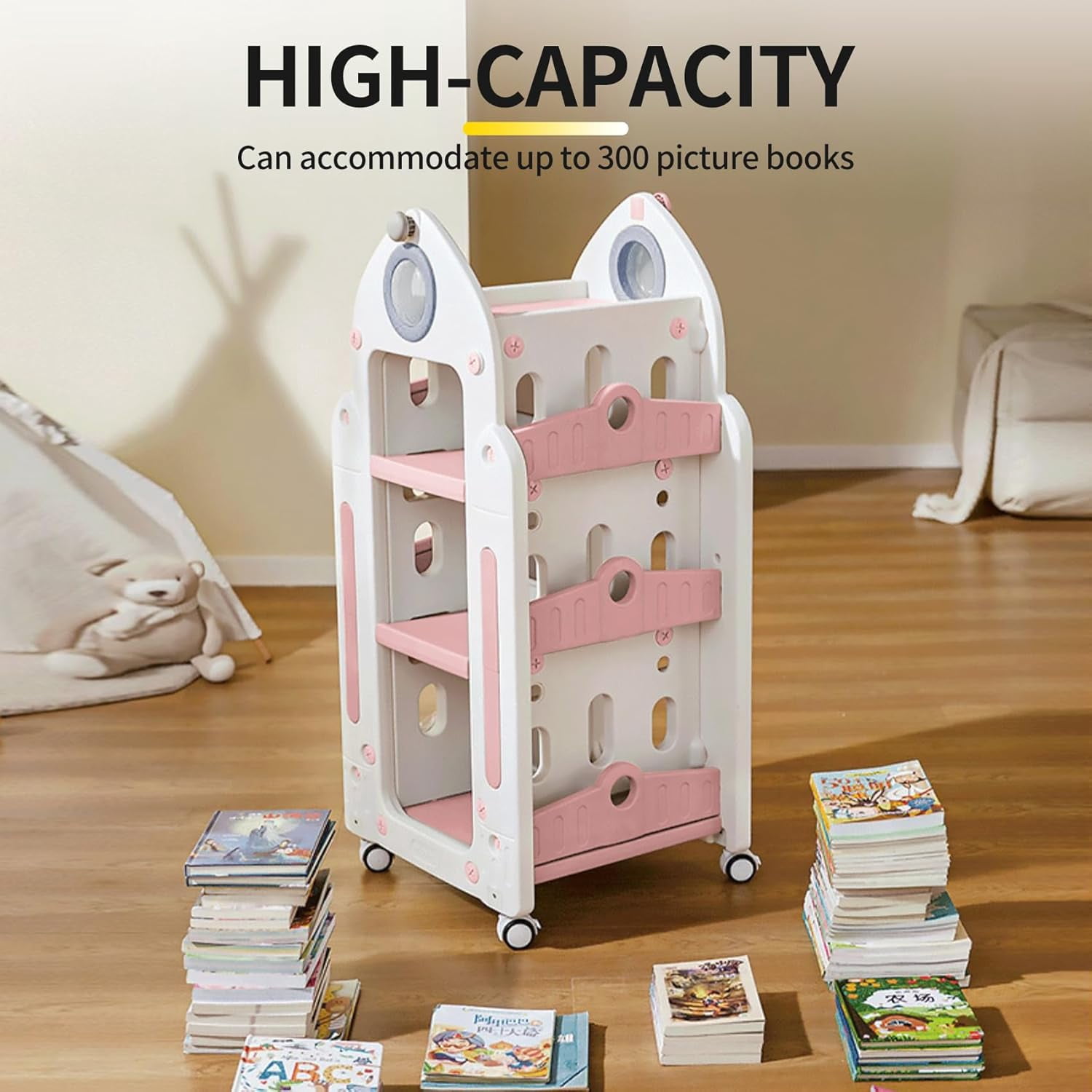 UNICOO® Kids Rocket Toy & Bookshelf Storage Organizer(Pink)
