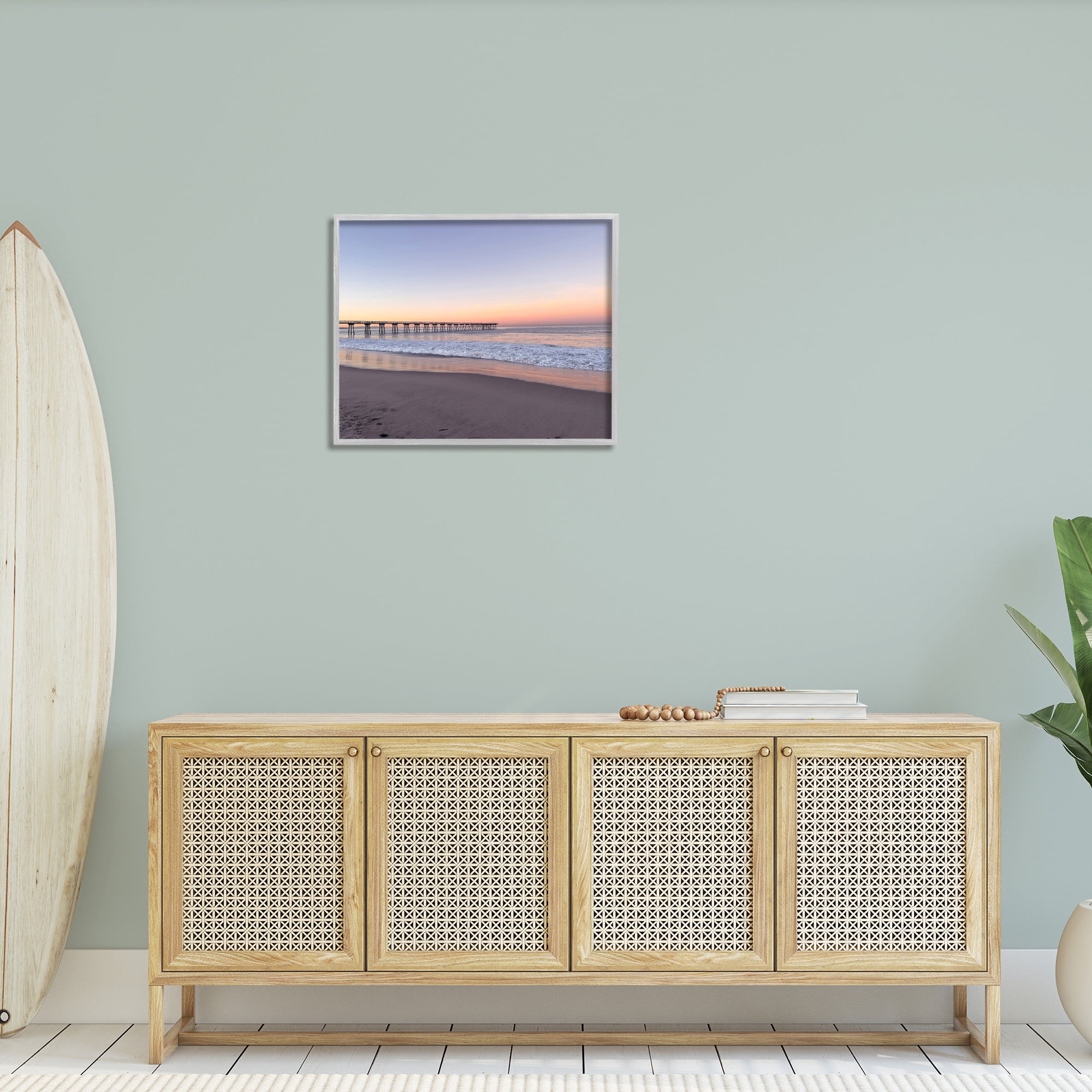 Stupell Industries Tropical Pier at Sunrise Landscape Photography Gray Framed Art Print Wall Art, 30 x 24
