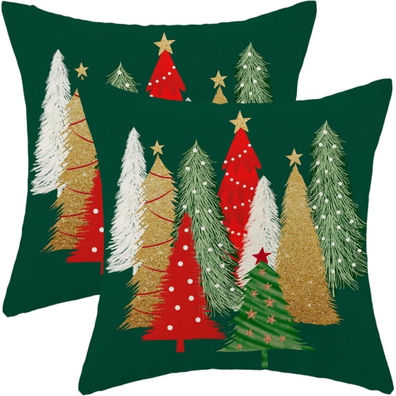 Christmas Pillow Covers 18x18 Inch Set of 2 Colorful Christmas Tree Throw Pillows Case, Stars Holiday Outdoor Decorative Farmhouse Winter Green Decor Cushion Covers for Home Sofa Bed Couch