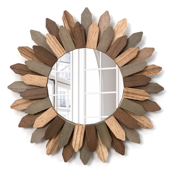 24 inch Boho Wall Mirror Rustic Wood Decorative Mirror for Room Decor Rustic Home Decor Farmhouse Wall Decor at Living Room Bedroom Bathroom Hallway Trilcolor