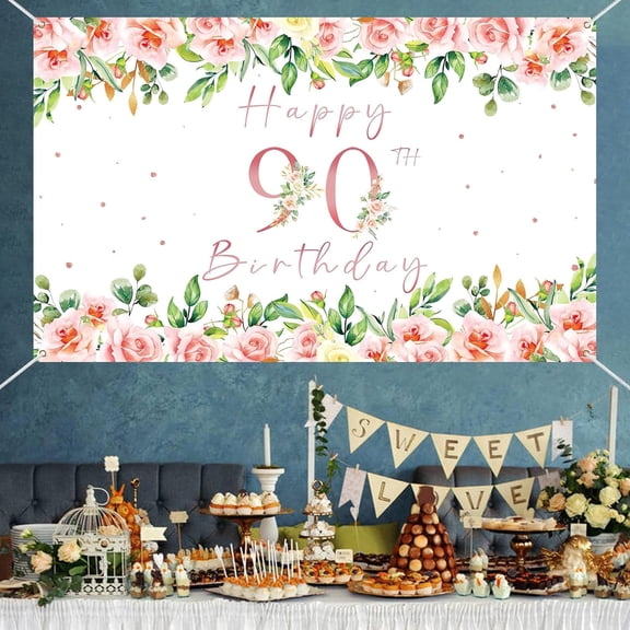 90th Birthday Decorations for Women, Rose Gold Floral Happy 90th Birthday Banner Backdrop for Female 90 Birthday Party Supplies