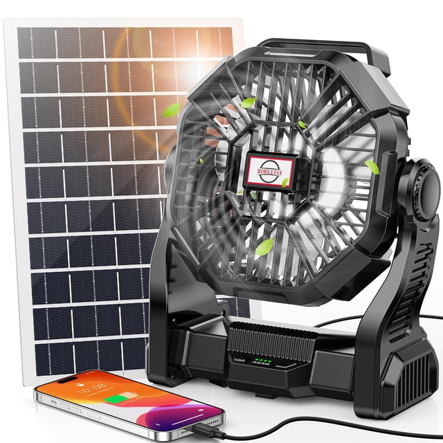 Ventilador solar real de 3000 mAh con panel solar de 10 W con linterna LED
