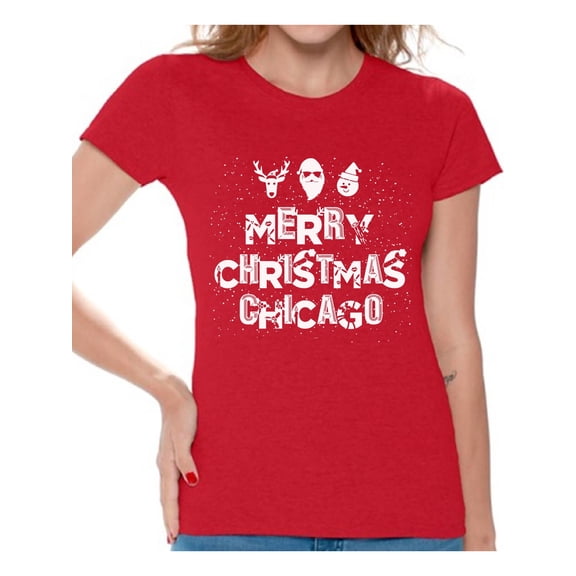 Awkward Styles Merry Christmas Chicago Shirt Women's Holiday Top Xmas Chicago Shirt Christmas Shirts for Women Merry Christmas Gift Chicago Love T Shirt Chicago Xmas Party Holiday Shirts Xmas Outfit