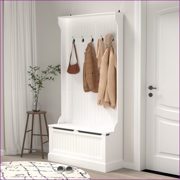 Hall Tree Entryway Bench with 5 Hooks & Storage | White | MDF