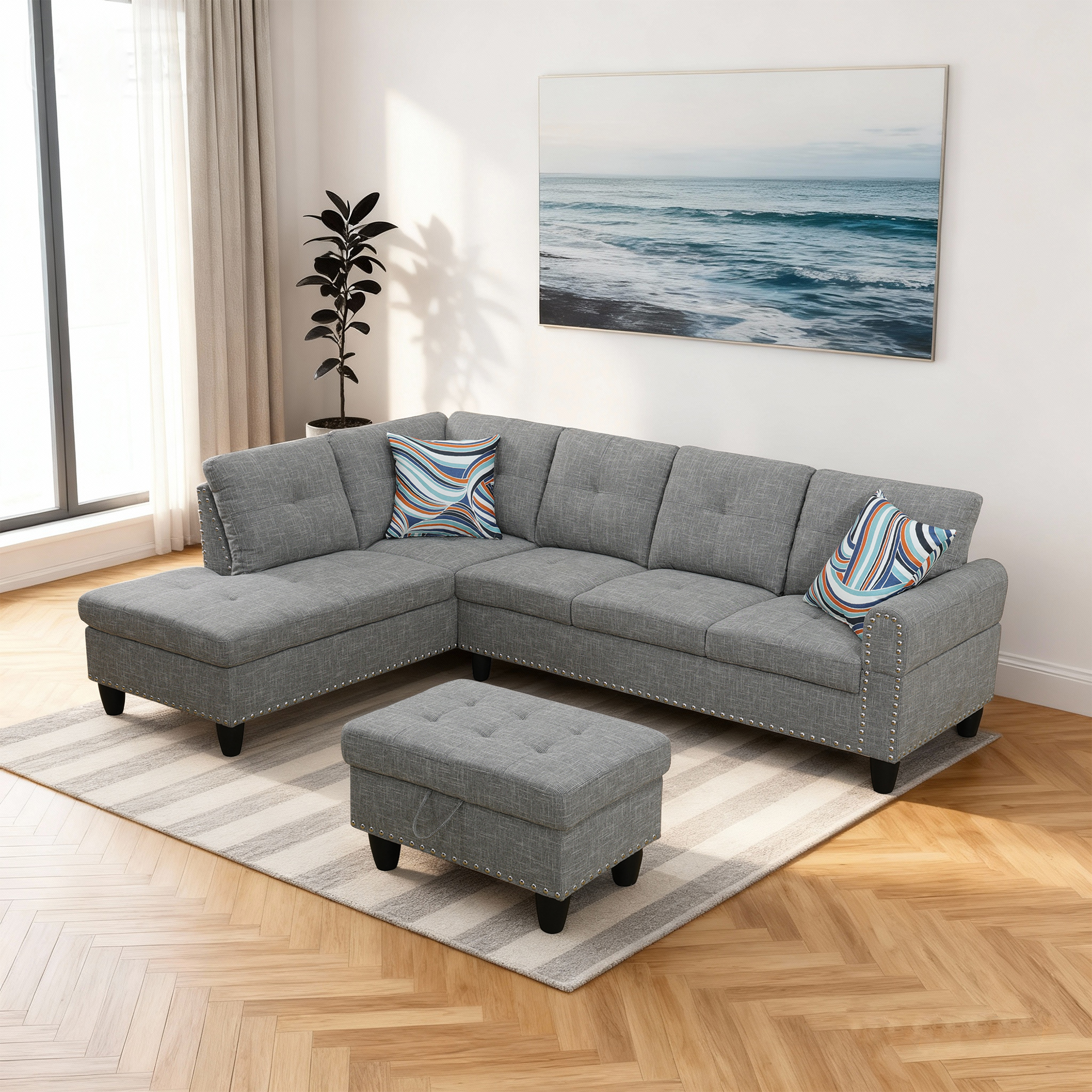 MAYEERTY 97.5" Linen Sectional Sofa, 3-Piece Modular Couch Sofa Set with Ottoman, Grey (Left)
