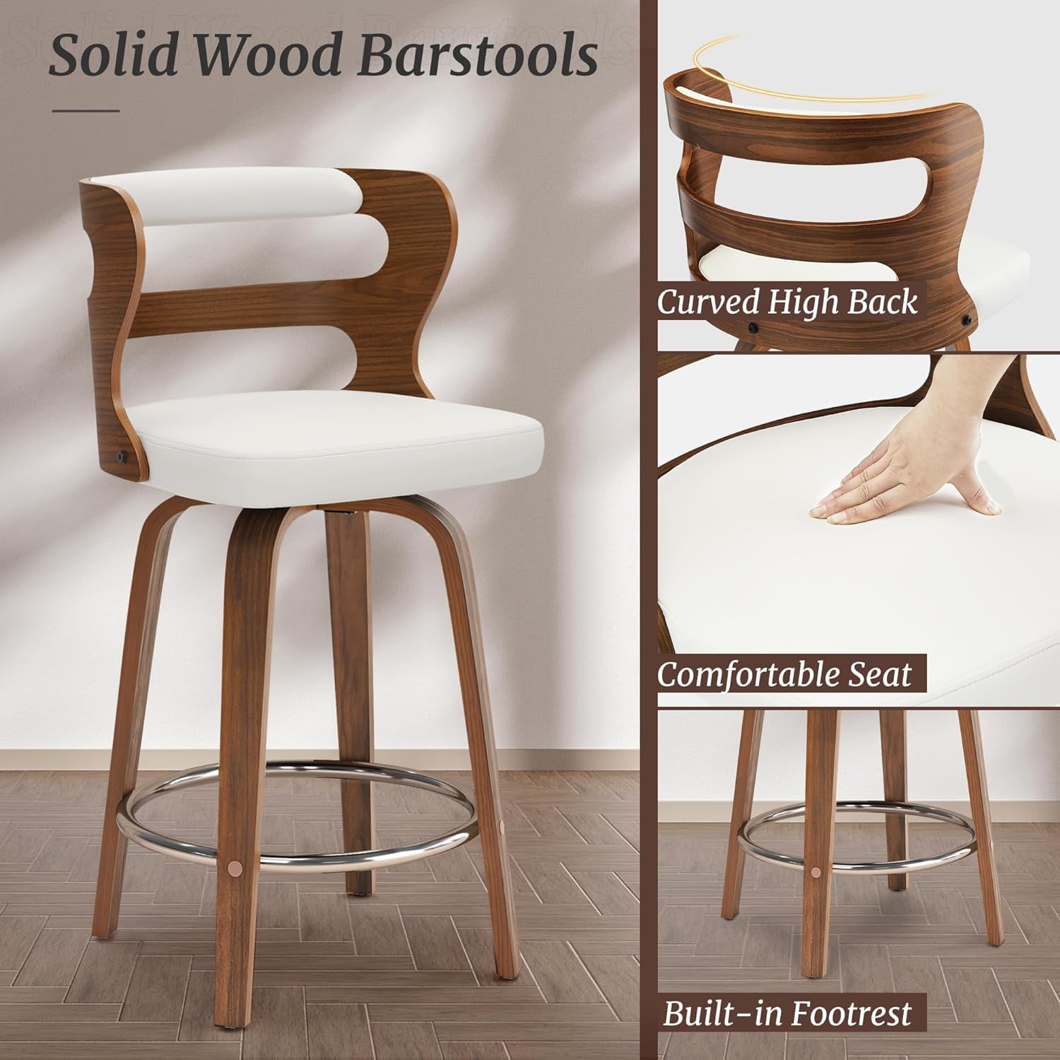 Dycanpo 26" Counter Height Bar Stools Set of 3, Swivel Counter Stools with Back for Kitchen Island, White