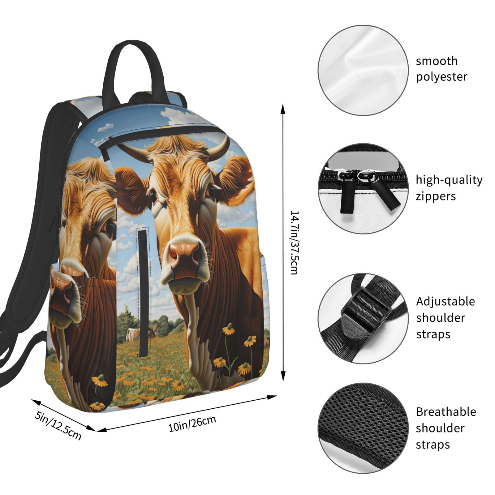 Xecao Daisy Flower Field Cow print Backpack For women men Aesthetic Lightweight Travel Daypack Simple Cute Backpack For Bookbag