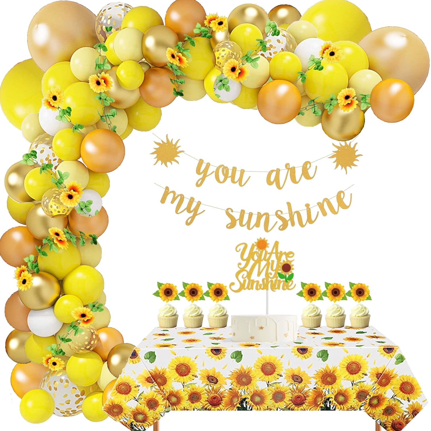Sunflower Theme Party Decorations Balloons Garland Gold Glitter You Are My Sunshine Banner Sunflower Pom Poms Bee Theme Party Girl or Boy