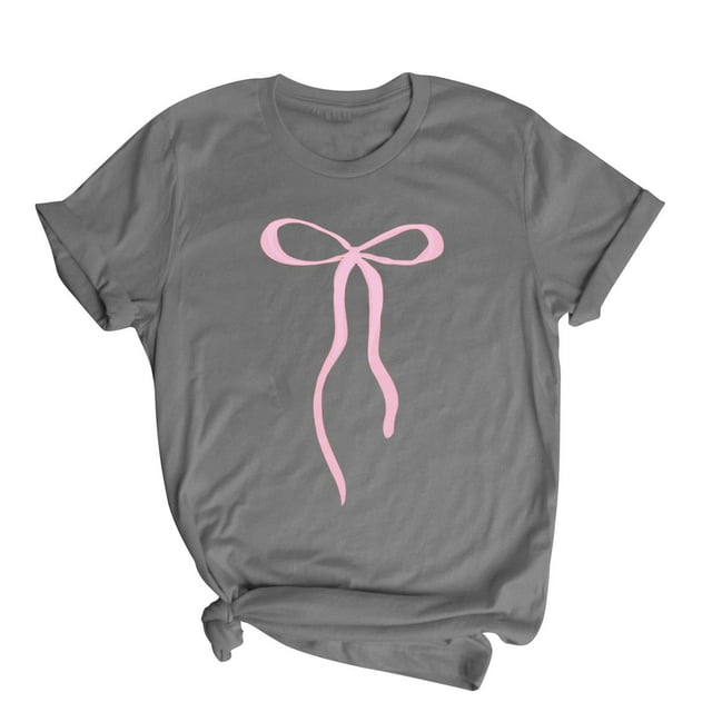 Amzcrzy Hauts pour Femmes Décontractés à Manches Courtes Amples Printemps Été Hauts Tendance avec Nœud Imprimé Hauts Confortables à Col Rond T-Shirts pour Femmes