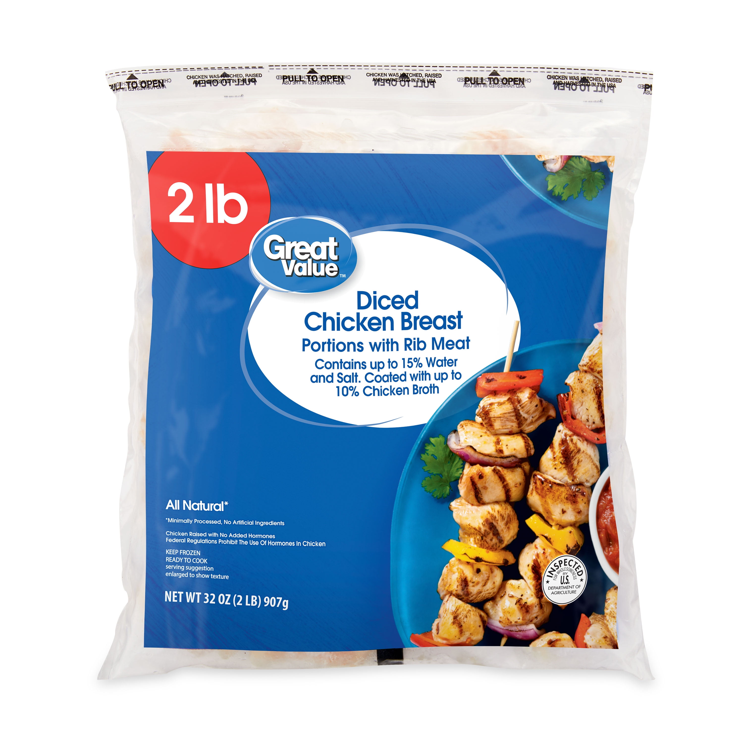 Great Value All Natural Diced Chicken Breast, 2 lb (Frozen)