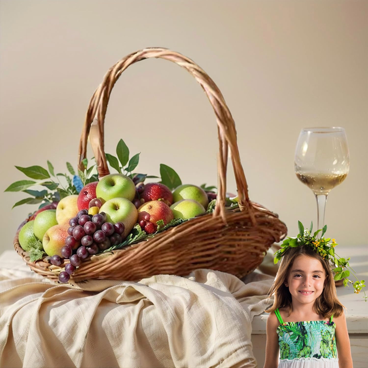 Rattan Garden Baskets for Gathering Vegetables, Mini Picnic Basket with Handle, Multipurpose Harvest Basket Woven Easter Basket for Fruits , Rustic Woven Picnic Basket with Handle(S)