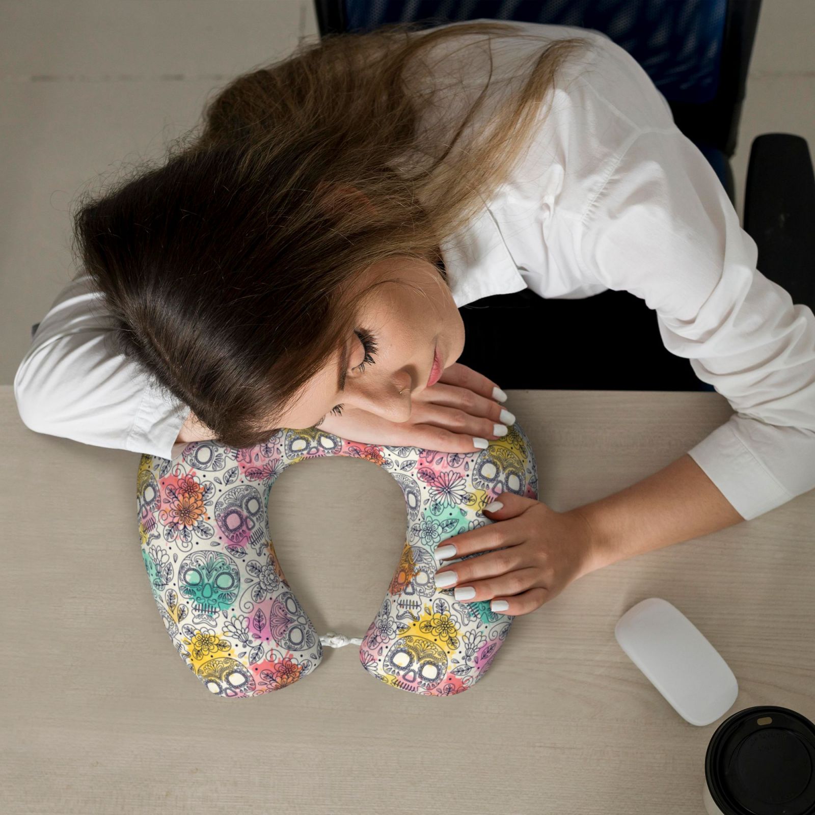 Xecao Skull and Flowers Print Memory Foam Cervical Neck Pillow Versatile U-Shaped Pillows for Home,Office,Camping,Travelling,Soft Washable Cover