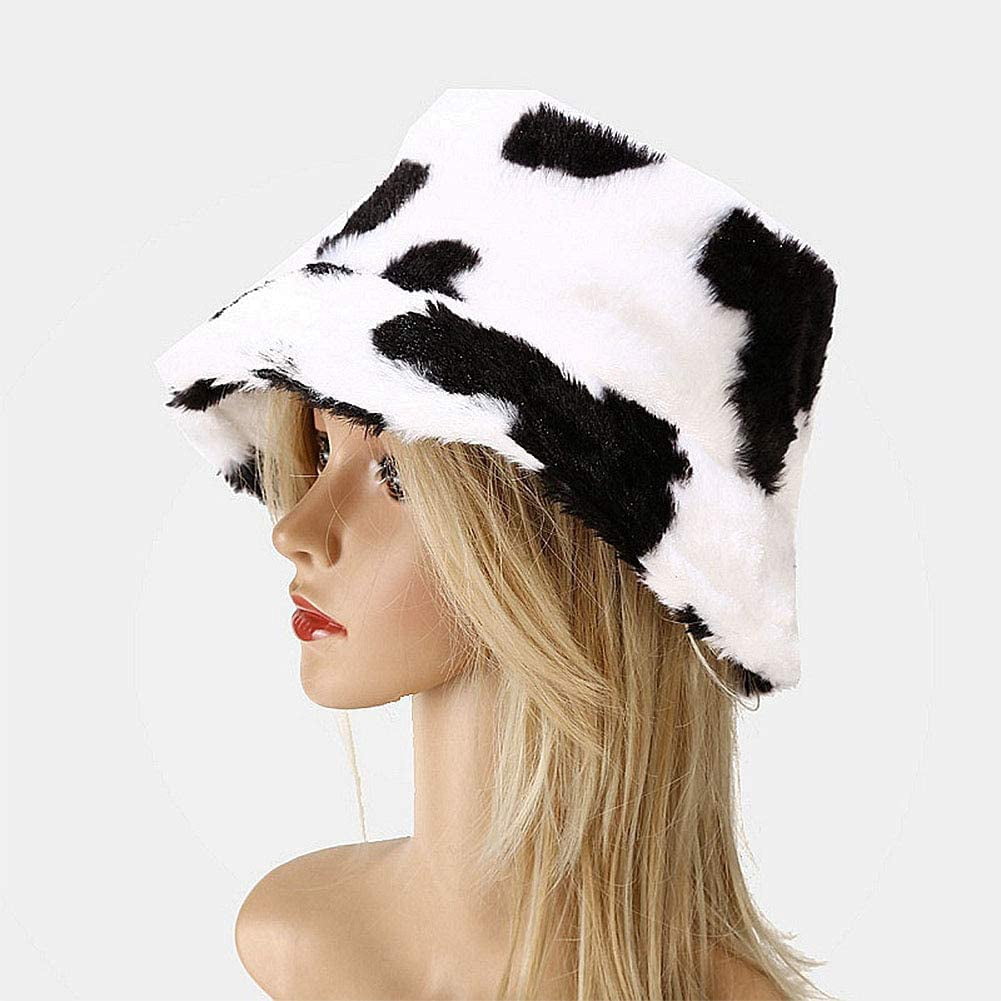Faux Fur Bucket Hat for Women Cow Print 