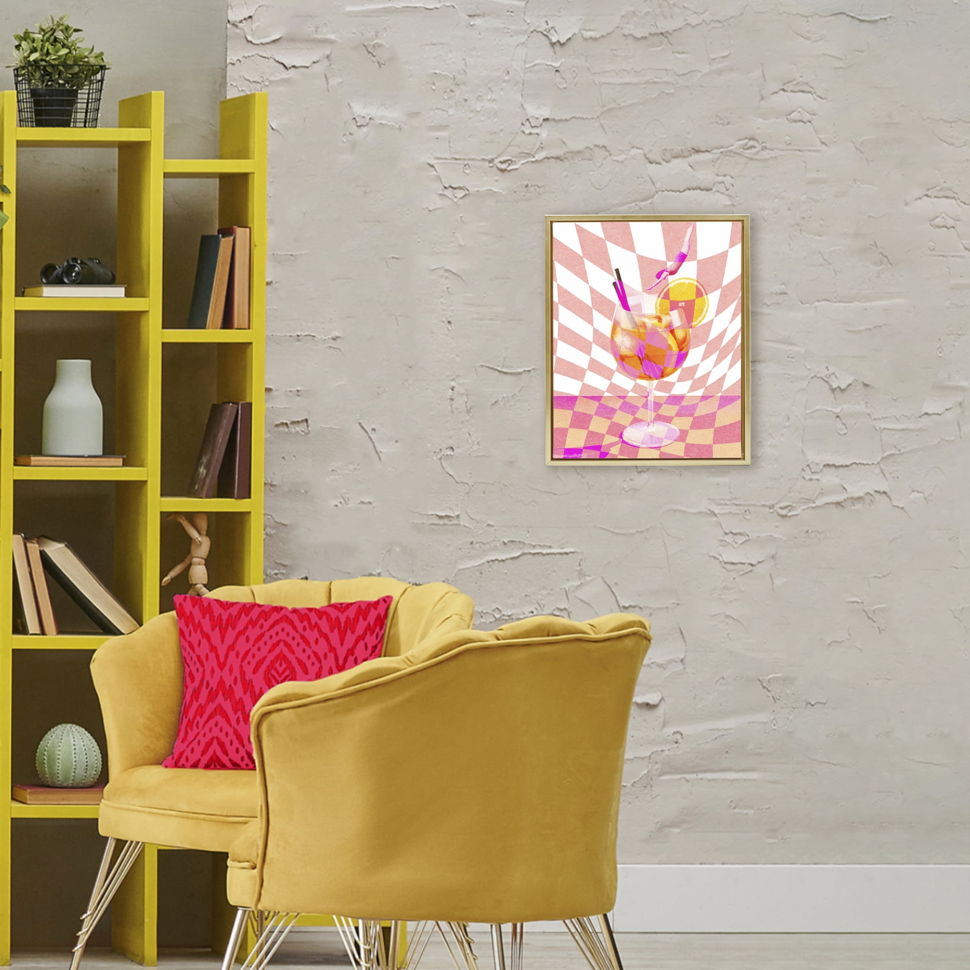Retro Checkered Summer Cocktail Gold Framed Floater Canvas Wall Art, design by Lil' Rue