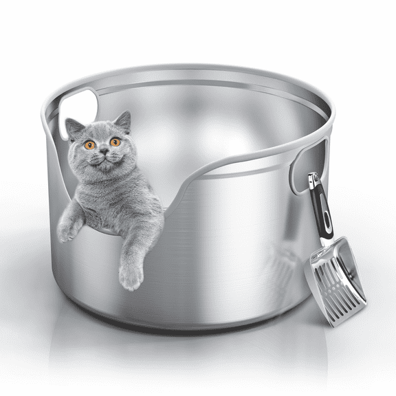TIUUBT Extra Large Stainless Steel Litter Box for Large Cats, 17.7" Round Metal Cat Litter Box with 12.5" High Sides, One-Piece Leak-Resistant Litter Pan with Stainless Steel Scoop
