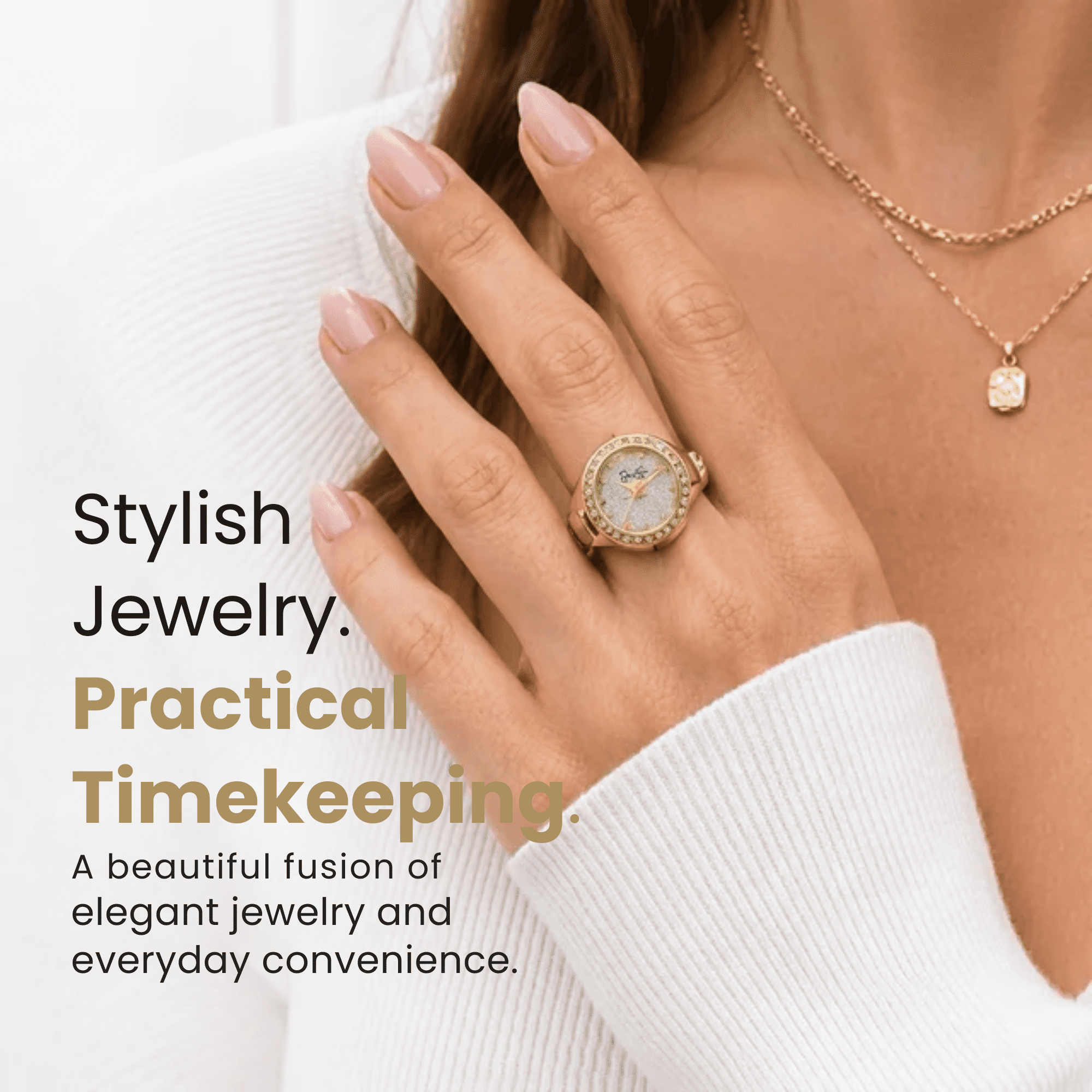 Jessica Simpson Women's Gold Adjustable Ring Watch – Crystal Bezel, Quartz Analog Mini Dial, Stretch Band Fashion Jewelry Accessory