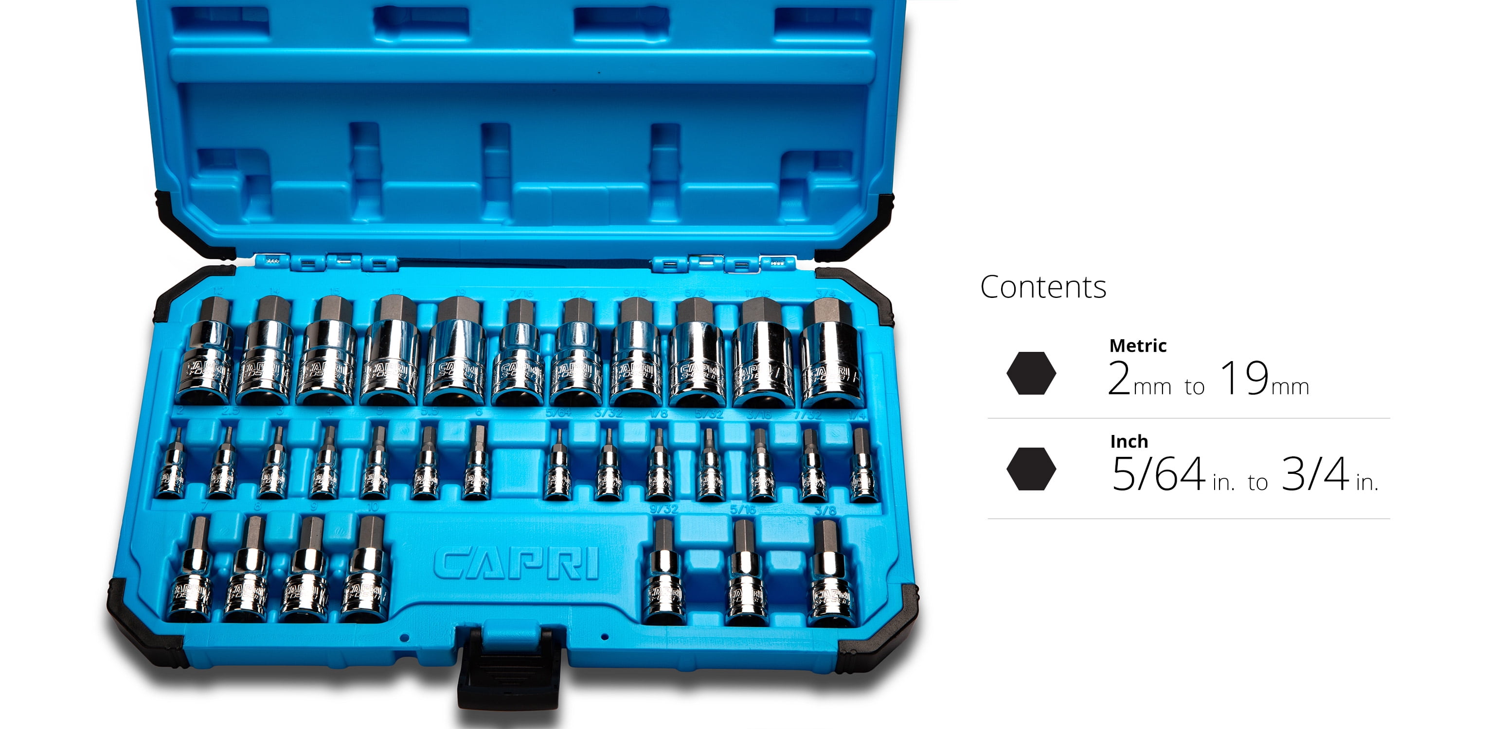 Capri Tools 30032 Master Hex Socket Set, Metric and SAE Bit Sockets, 32-Piece